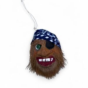 Vintage Coconut Carved Pirate Face Ornament with Blue Bandana